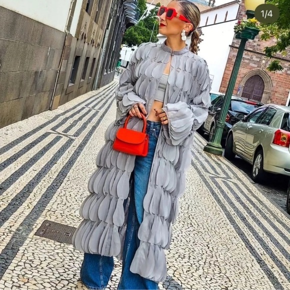 Zara Long Metallic textured hearts coat